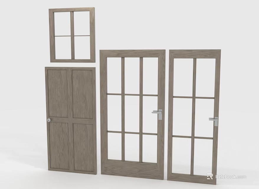 Wooden Swing Doors With Glass Grid Panels And Solid Panel Design For Interior 3d model 