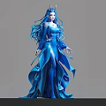 Game Movie Female Character With Blue Long Hair And Horns In Flowing Dress