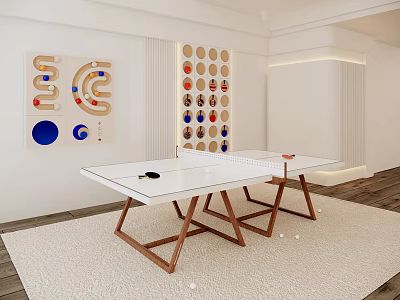 Modern White Table Tennis Table With Wooden Legs In Indoor Room And Wall Target Boards 3d model