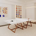 Modern White Table Tennis Table With Wooden Legs In Indoor Room And Wall Target Boards