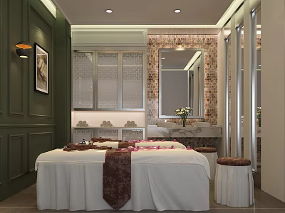 Elegant SPA Sauna Room With Massage Bed Flower Petals Mirror And Marble Countertop 3d model