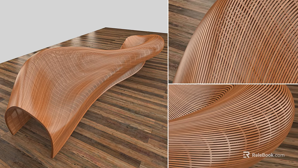 Modern Wooden Public Chair With Curved Design And Perforated Stripes 3d model 