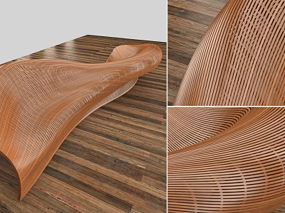 Modern Wooden Public Chair With Curved Design And Perforated Stripes 3d model