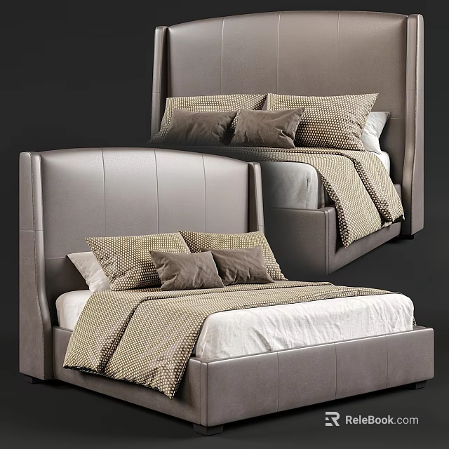 Gray Leather Headboard Double Bed With Plaid Pillows White Sheets And Blanket 3d model