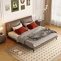 Elegant Bedroom Interior Design With Brown Headboard Red White Pillows And Multiple Wall Artworks