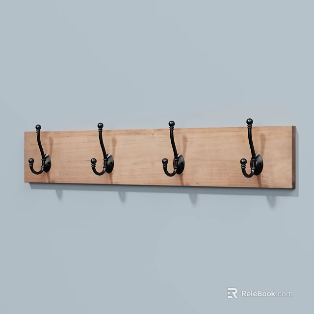 Rustic Sturdy Natural Wooden Wall Mounted Board with Four Black Decorative Hooks 3d model 