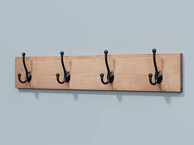 Rustic Sturdy Natural Wooden Wall Mounted Board with Four Black Decorative Hooks 3d model