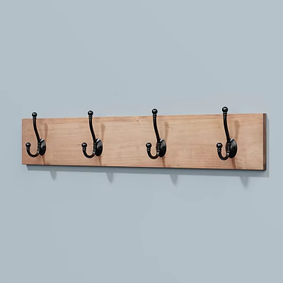 Rustic Sturdy Natural Wooden Wall Mounted Board with Four Black Decorative Hooks 3d model