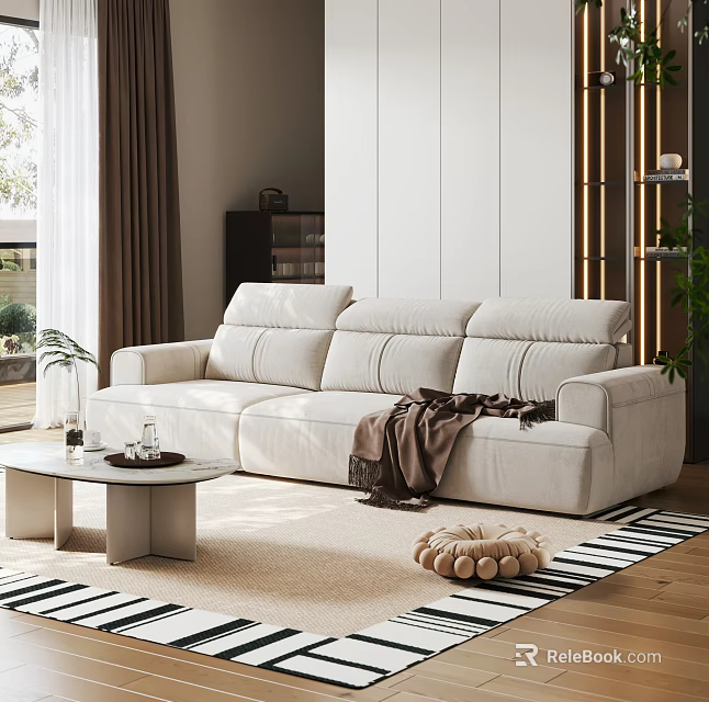 Modern Beige Three Seater Sofa in Cozy Living Room with Throw Blanket and Coffee Table 3d model 