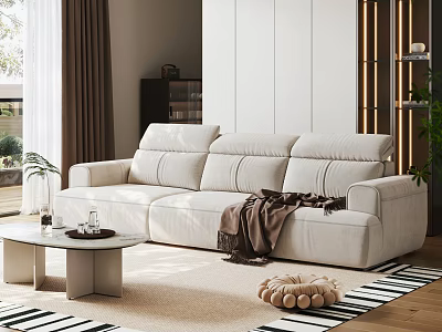 Modern Beige Three Seater Sofa in Cozy Living Room with Throw Blanket and Coffee Table 3d model