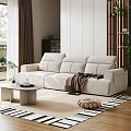 Modern Beige Three Seater Sofa in Cozy Living Room with Throw Blanket and Coffee Table