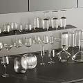 Transparent Wine Bottles And Glasses In Various Shapes Displayed On Modern Shelf And Tabletop