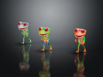 Three Colorful Frogs With Red Eyes Standing Pose On Dark Background With Reflections 3d model