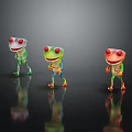 Three Colorful Frogs With Red Eyes Standing Pose On Dark Background With Reflections