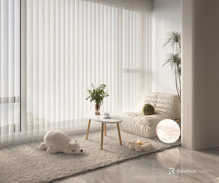 Cozy Lounge Chair With White Vertical Blinds Small Round Table Potted Plant And Round Floor Lamp 3d model 