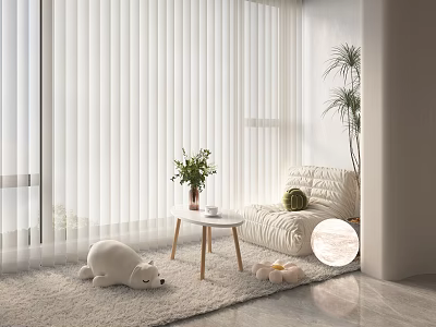 Cozy Lounge Chair With White Vertical Blinds Small Round Table Potted Plant And Round Floor Lamp 3d model