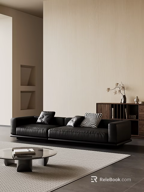 Minimalist Living Room With Black Leather Multi Seater Sofa Decorative Pillows Wooden Bookshelf Beige Wall 3d model 