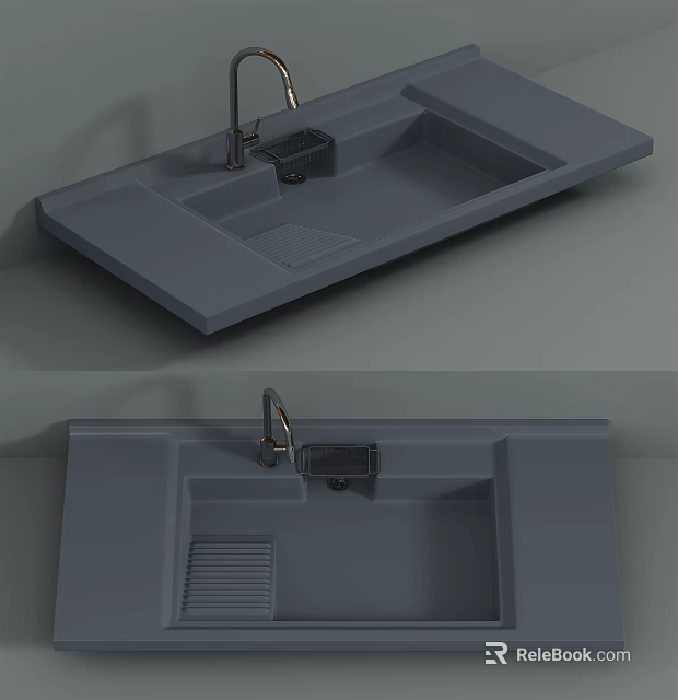 Modern Minimalist Gray Stone Washbasin with Integrated Countertop and Faucet 3d model 