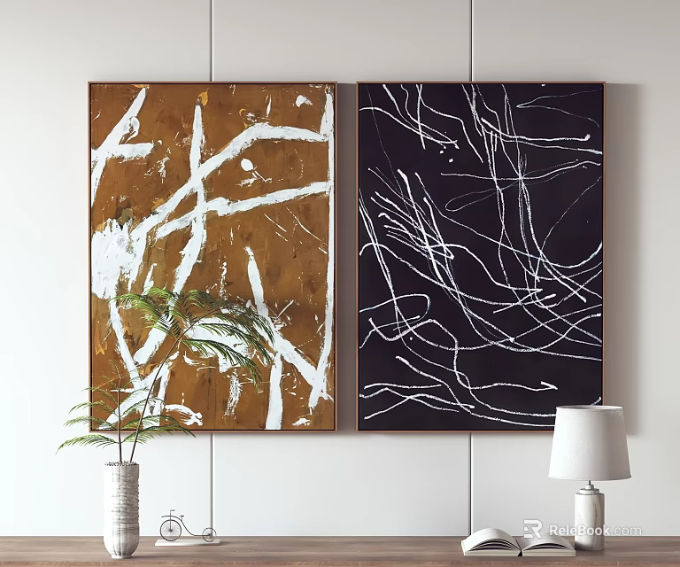 Brown and Black Abstract Paintings with White Lines Textured Wall Art for Interior Decor 3d model 