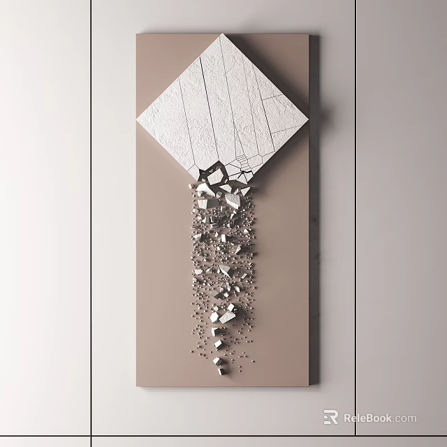 Diamond Shaped White Textured Panel Wall Decor with Silver Hanging Decorations on Light Brown Background 3d model