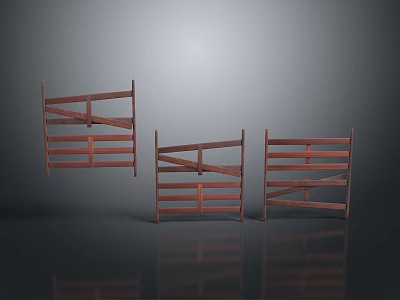 Three Brown Wooden Folding Gates Against Gray Background With Reflective Surface 3d model