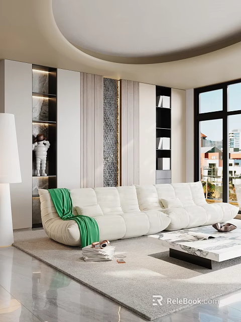 Modern Living Room Interior Design With White Sofa Green Throw And Floor to Ceiling Windows 3d model 