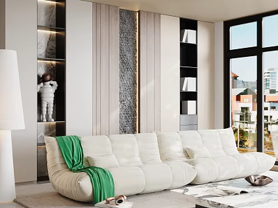 Modern Living Room Interior Design With White Sofa Green Throw And Floor to Ceiling Windows 3d model