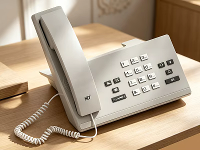 Gray Office Desk Phone With Keypad And Coiled Cord On Wooden Table 3d model