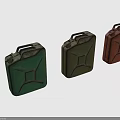 Three Vintage Jerry Cans In Green And Red Colors On Gray Background