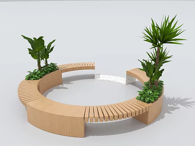 Circular Wooden Outdoor Chair Design With Green Plants For Garden Patio 3d model