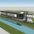 Modern Commercial Street With Waterfront View Pedestrians Willow Trees And Shops