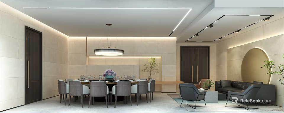 Elegant Private Dining Box With Round Table Chairs Pendant Light And Decorative Plants 3d model