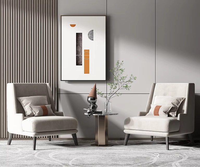 Leisure Sofa Set With Beige Chairs Orange Gray Cushions Coffee Table Green Plant Modern Painting 3d model 