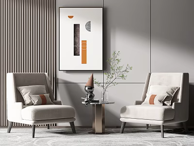 Leisure Sofa Set With Beige Chairs Orange Gray Cushions Coffee Table Green Plant Modern Painting 3d model