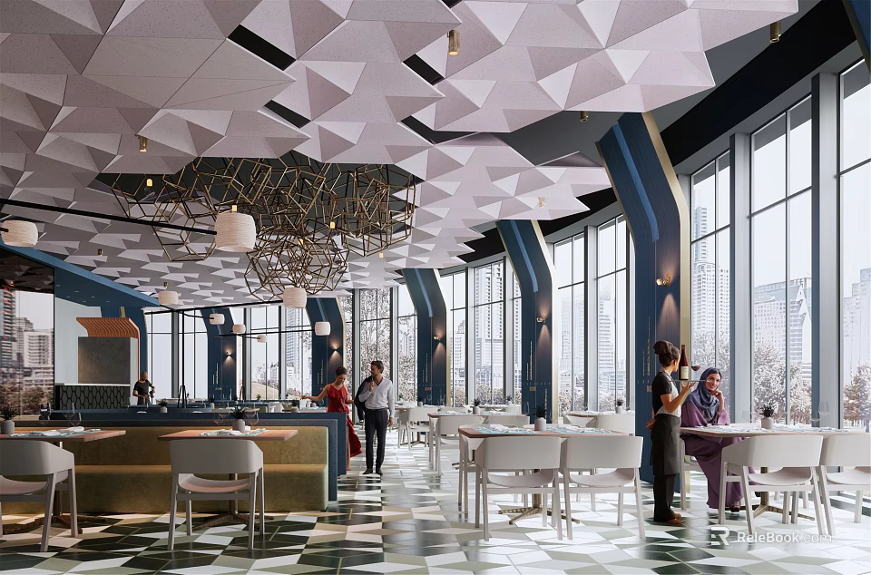 Modern Restaurant Interior With Geometric Ceiling Design Large Windows Dining Tables And Customers 3d model 