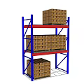 Heavy Duty Storage Rack With Blue Frame Red Shelves And Cardboard Boxes