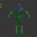 Hooded Masked Character In Gray Armor With Blue Accents Standing 3D Model Pose