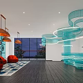 Modern Front Desk Reception Area With Circular Decorative Light Orange Counter And Red Sofa