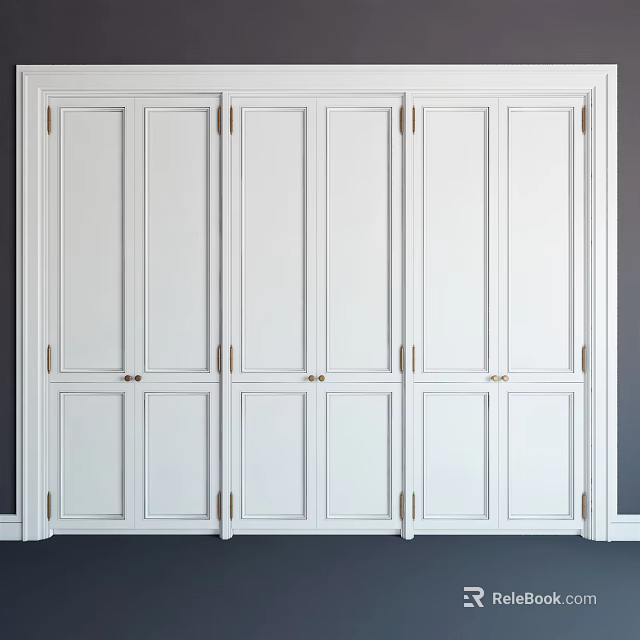 Modern White Wardrobe Interior Design With Multiple Doors And Brass Handles 3d model 