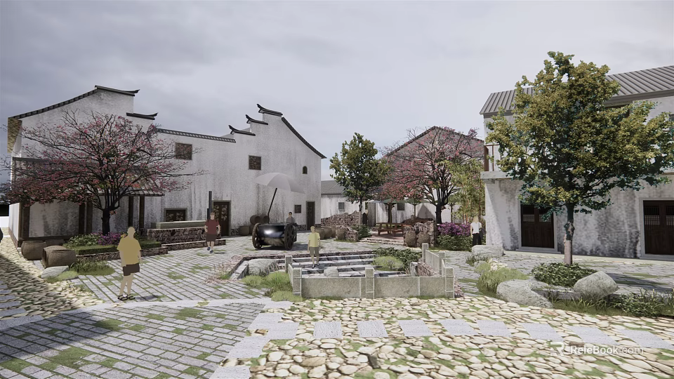 Traditional Chinese Village Courtyard with White Walls Gray Tiles Stone-paved Path and Trees 3d model 
