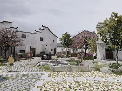 Traditional Chinese Village Courtyard with White Walls Gray Tiles Stone-paved Path and Trees 3d model
