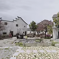 Traditional Chinese Village Courtyard with White Walls Gray Tiles Stone-paved Path and Trees