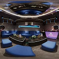 Modern KTV Room Interior With Blue Sofas Circular Chandelier Bar Counter And Decorative Lights