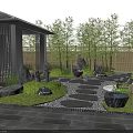 Tranquil Courtyard Garden With Black Pavilion Green Lawn Stone Stepping Path And Lanterns