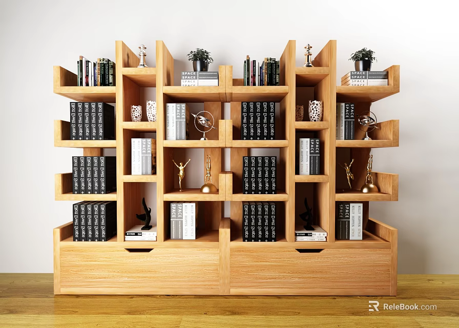 Wooden Multi Tiered Bookcase With Stacked Books Trophies And Potted Plants 3d model 