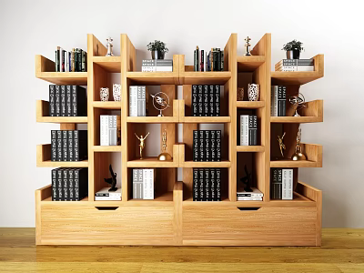 Wooden Multi Tiered Bookcase With Stacked Books Trophies And Potted Plants 3d model
