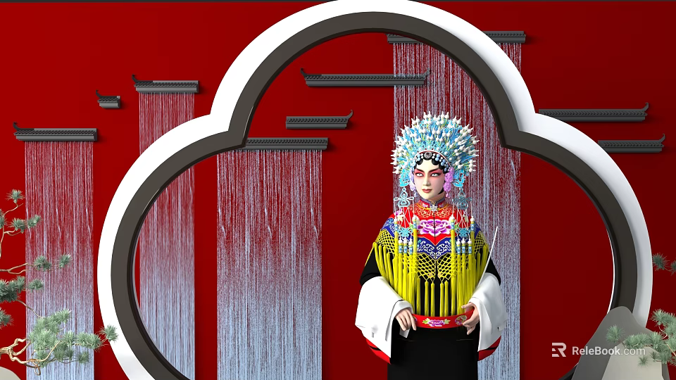 Woman In Traditional Peking Opera Costume With Elaborate Headdress And Red Background 3d model 