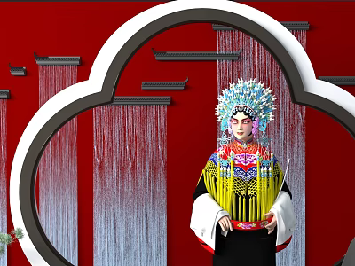 Woman In Traditional Peking Opera Costume With Elaborate Headdress And Red Background 3d model