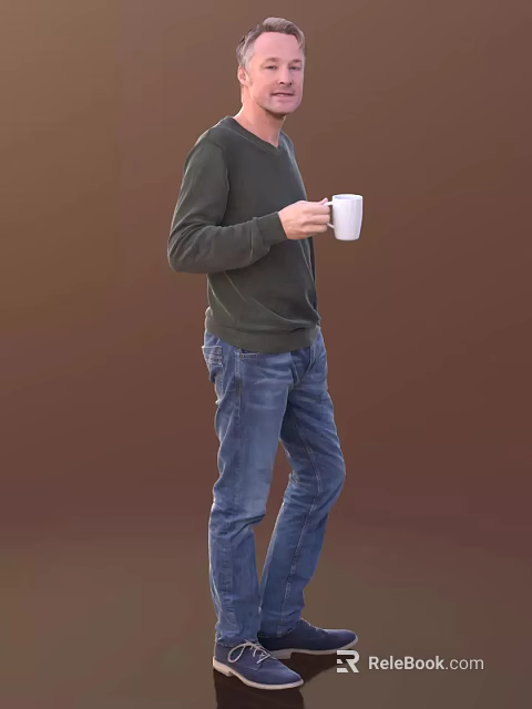 Man Wearing Dark Green Sweater And Blue Jeans Holding White Mug Against Brown Background 3d model 