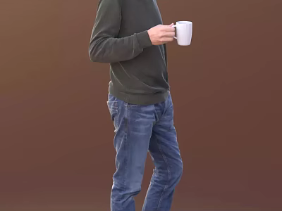 Man Wearing Dark Green Sweater And Blue Jeans Holding White Mug Against Brown Background 3d model